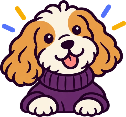 The Dog Coats UK mascot: a spaniel in a purple roll-neck jumper